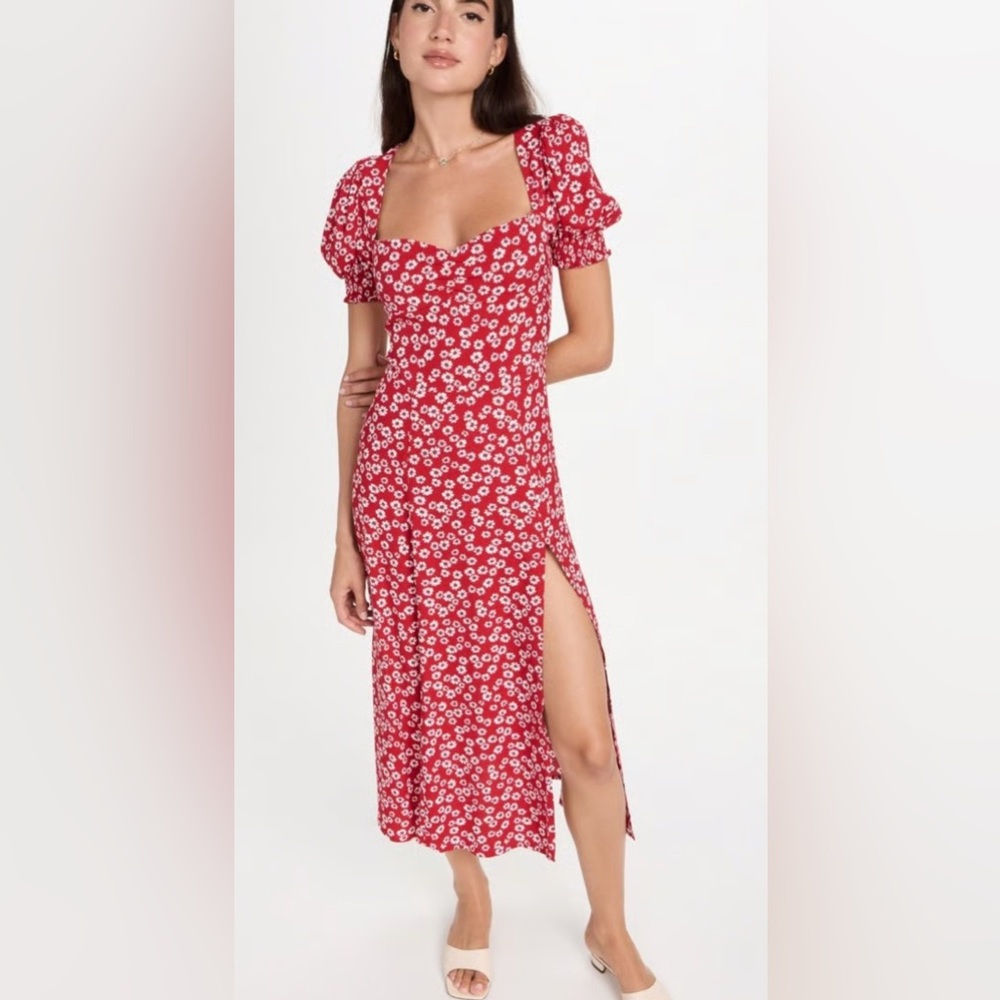 Reformation Red Floral Dress with Puff Sleeves
